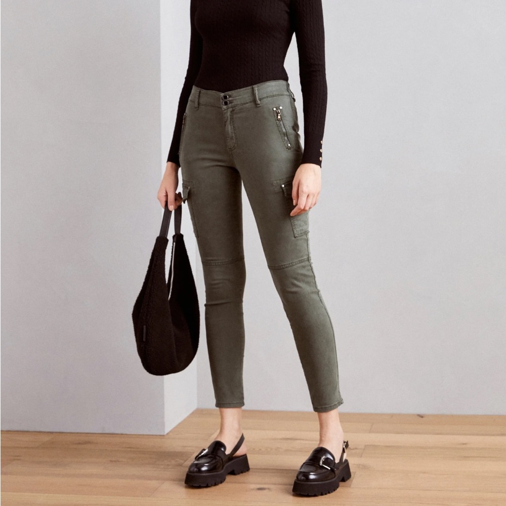 Mos Mosh Skinny Low Rise Stretch Denim Cargo Pants in Washed Green, Sz 28